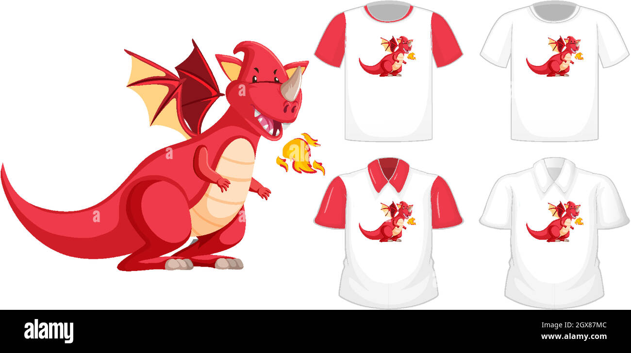 Logo de personnage de dessin animé Dragon sur une chemise blanche différente avec manches courtes rouges isolées sur fond blanc Illustration de Vecteur