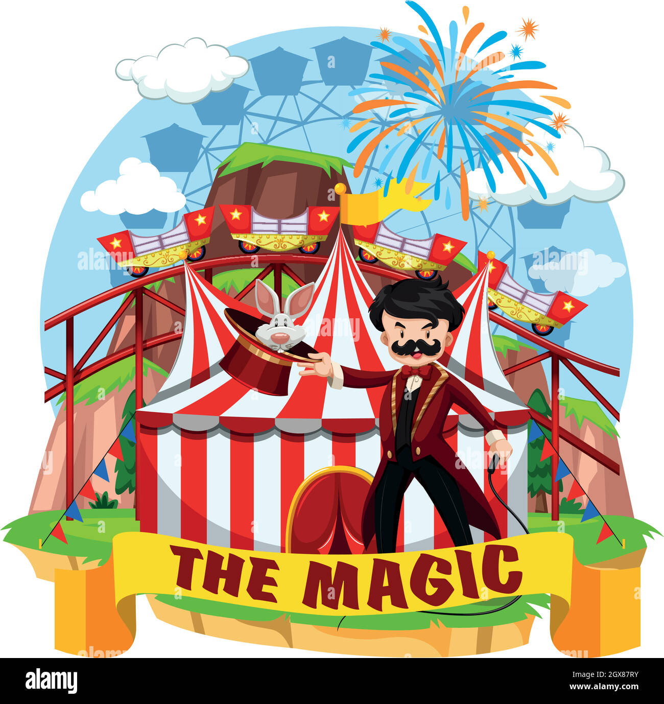 Scène de cirque avec magicien et manèges Illustration de Vecteur