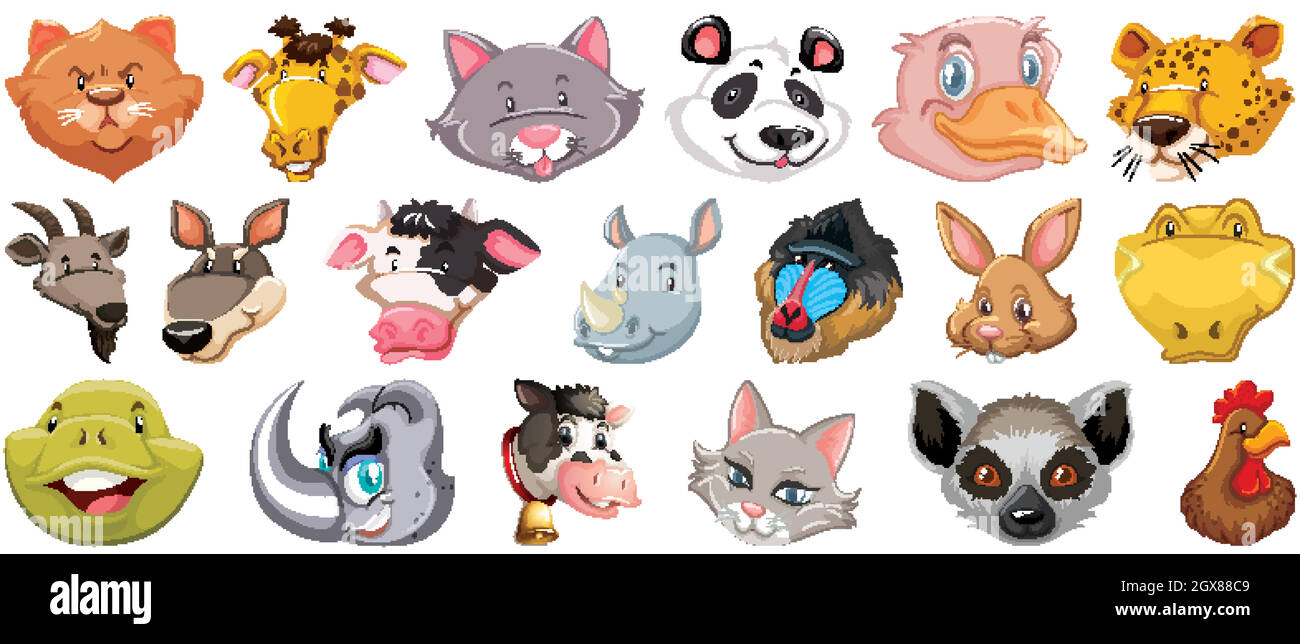 Ensemble de différents animaux de dessin animé mignon tête énorme isolé sur fond blanc Illustration de Vecteur