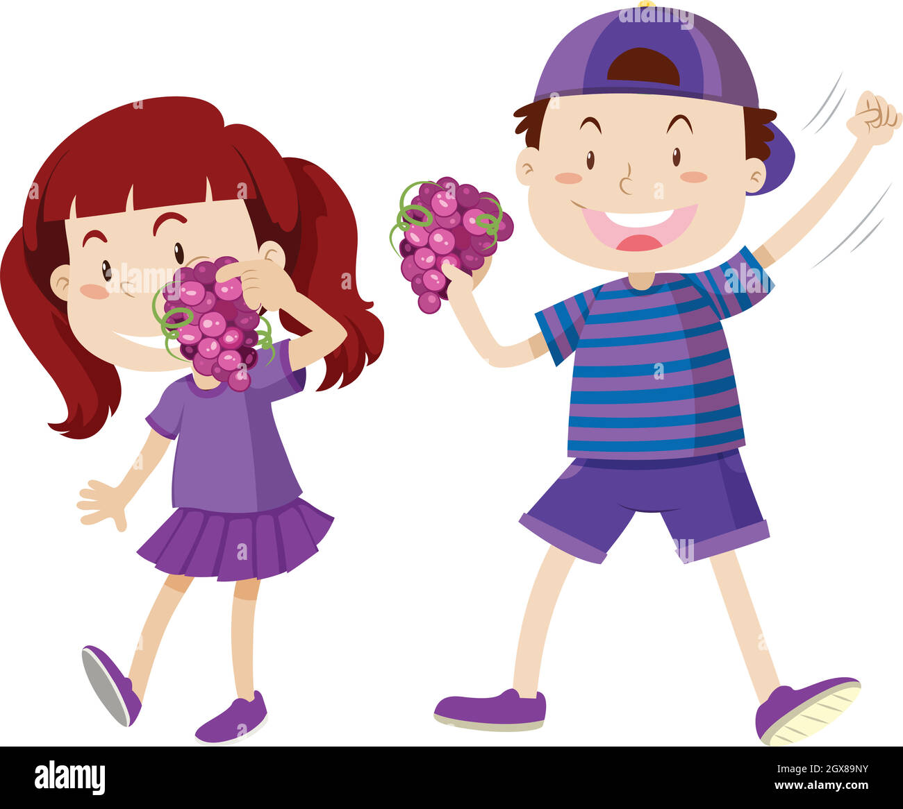 Garçon et fille en violet tenant des raisins Illustration de Vecteur