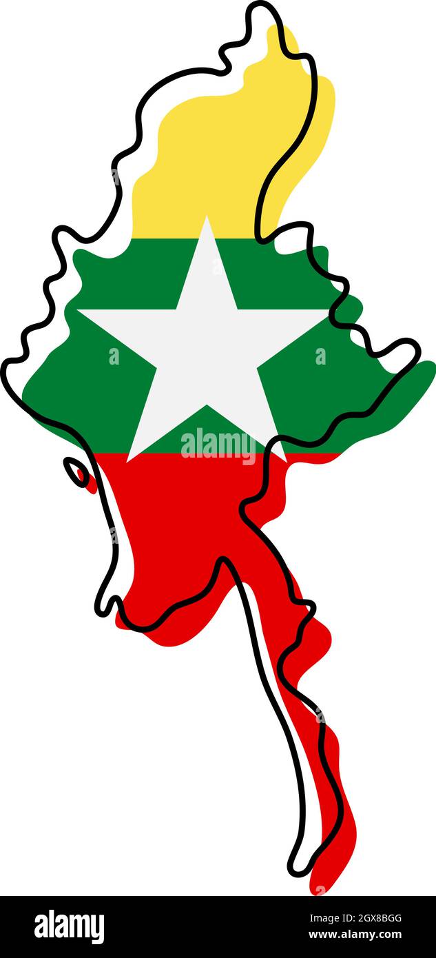 Carte stylisée du Myanmar avec icône de drapeau national. Carte de couleurs drapeau de l'illustration du vecteur Myanmar. Illustration de Vecteur