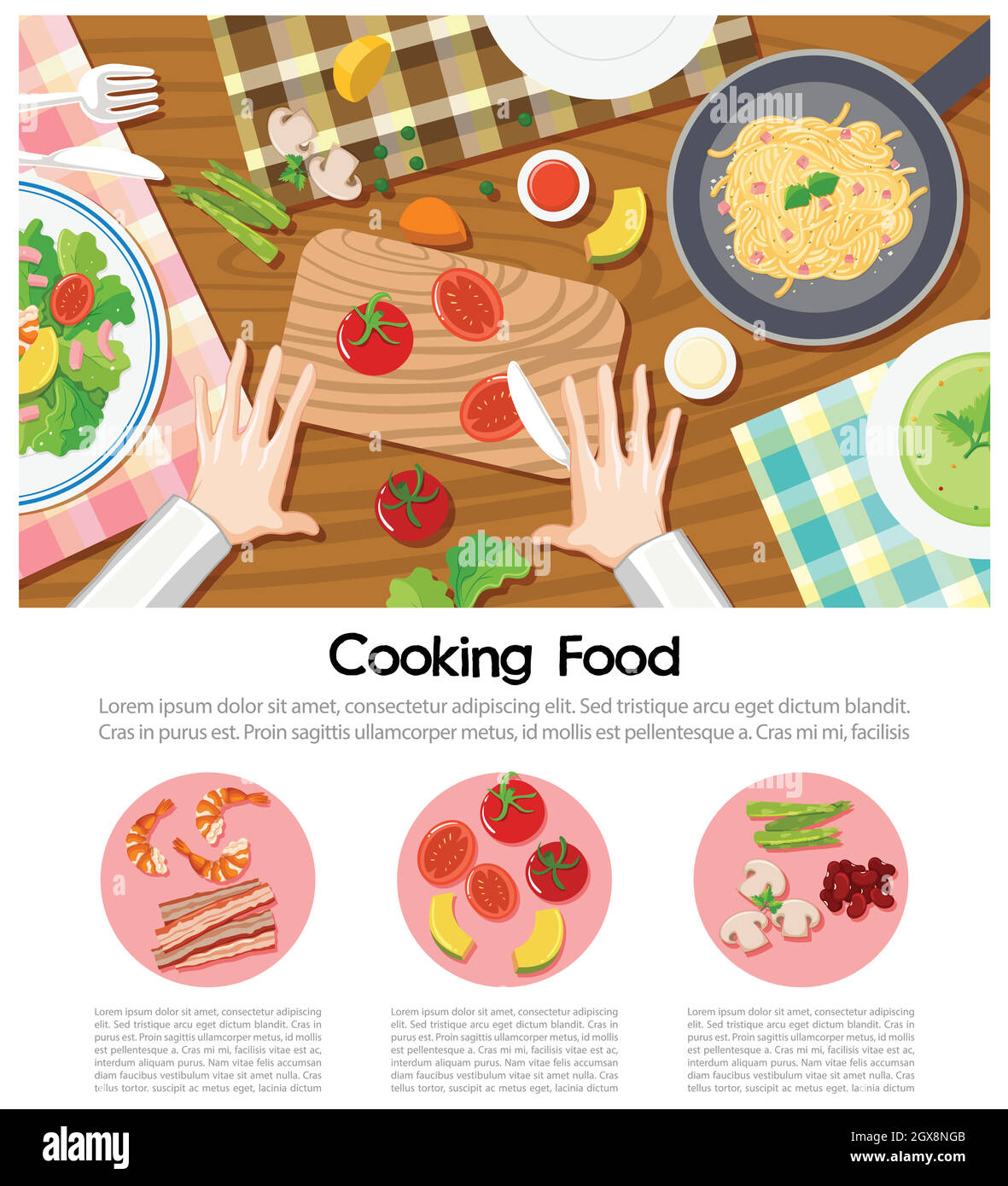 Affiche de cuisine avec différents ingrédients sur la table Illustration de Vecteur