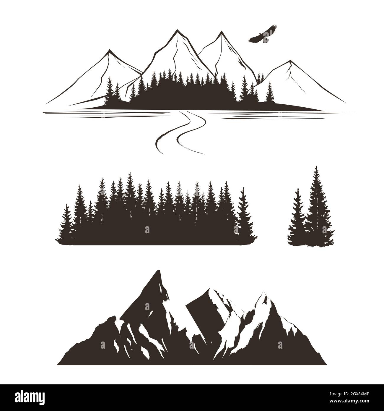 illustration de montagnes rocheuses et silhouette de forêt Illustration de Vecteur