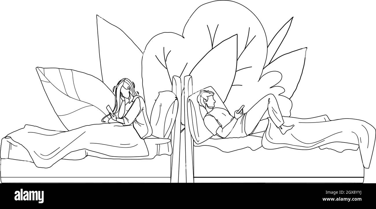 Les personnes se trouvant dans le lit et utilisant le vecteur de téléphone mobile Illustration de Vecteur