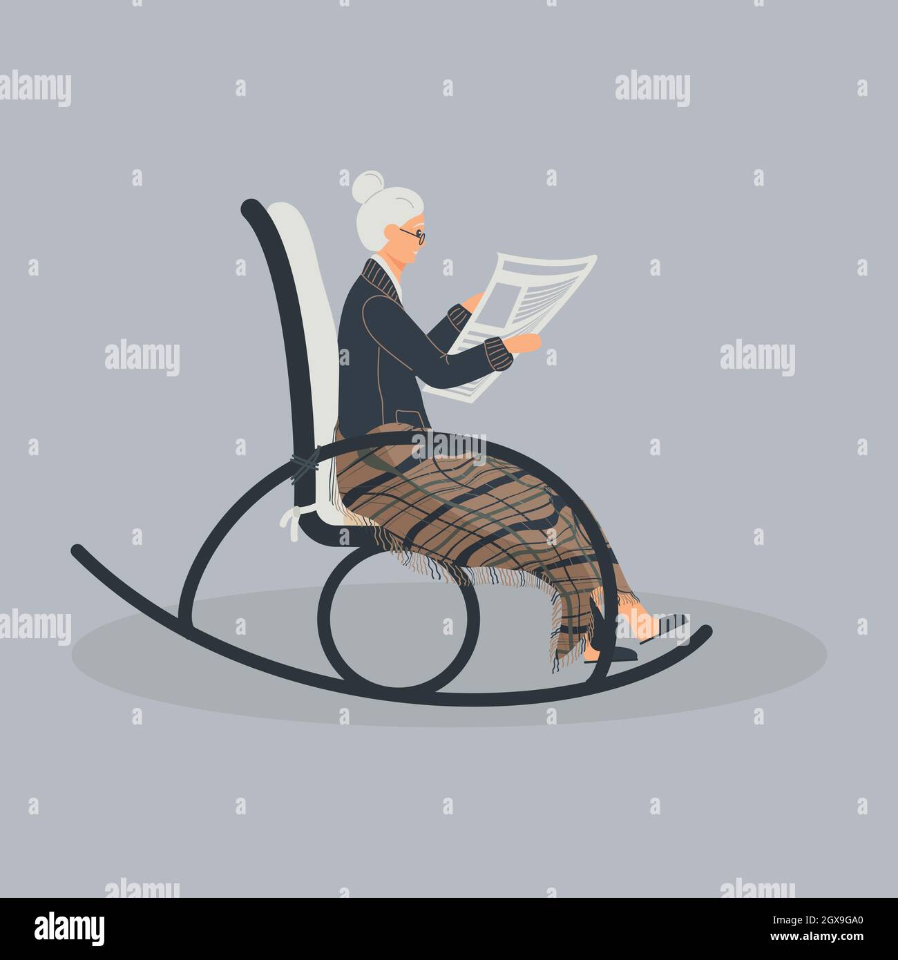 Vieille femme mignonne est assise dans un fauteuil à bascule.la vieille dame a couvert ses pieds avec un tissu de laine à carreaux.Cartoon granny est en train de lire le journal dans un confort Illustration de Vecteur