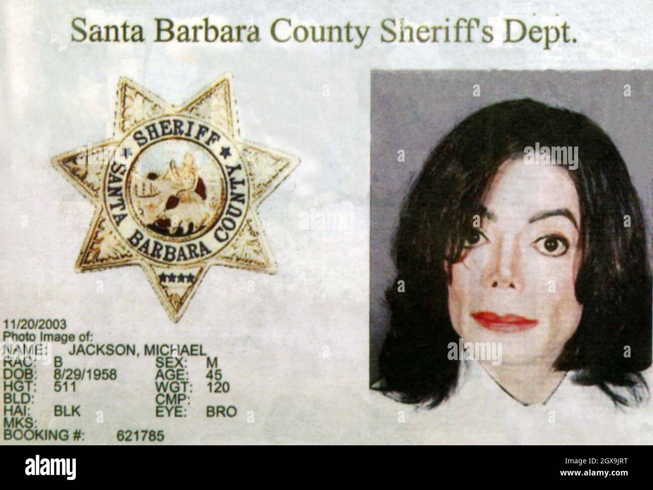 La police de Michael Jackson a reçu un coup de feu après son arrestation par le département du shérif du comté de Santa Barbara en Californie. Banque D'Images