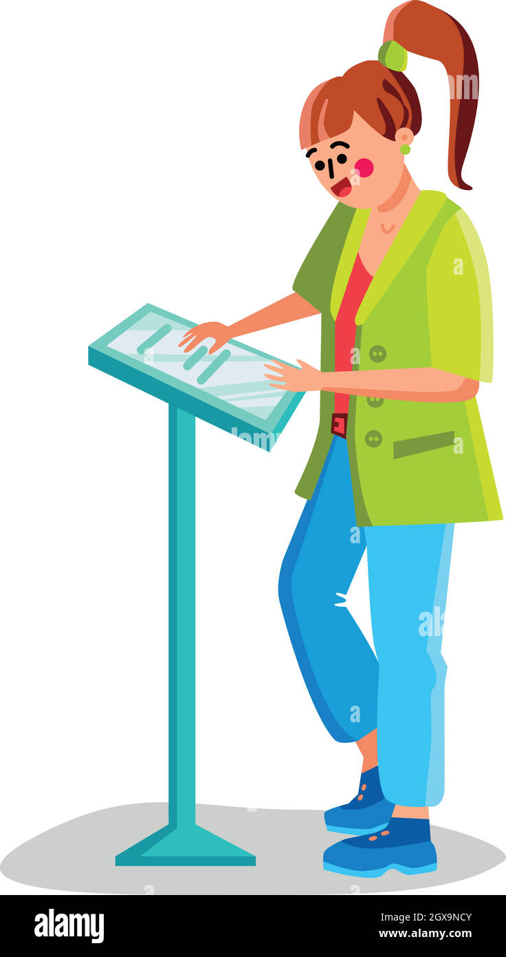 Femme utilisant le vecteur de périphérique numérique du kiosque en libre-service Illustration de Vecteur