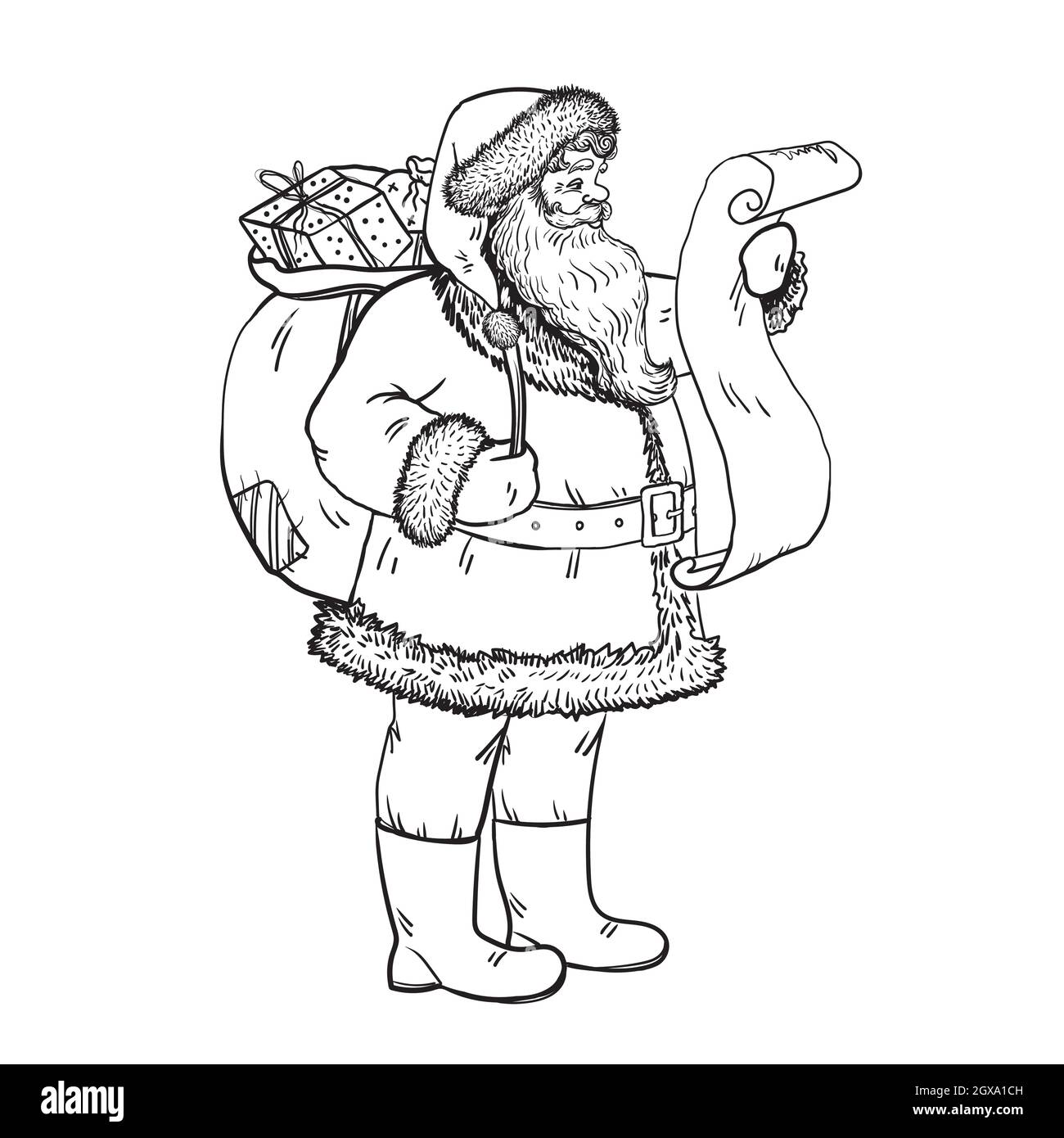 Le Père Noël est en train de lire une lettre.Le Père Noël porte un sac avec des cadeaux, illustration de vecteur de stock. Illustration de Vecteur