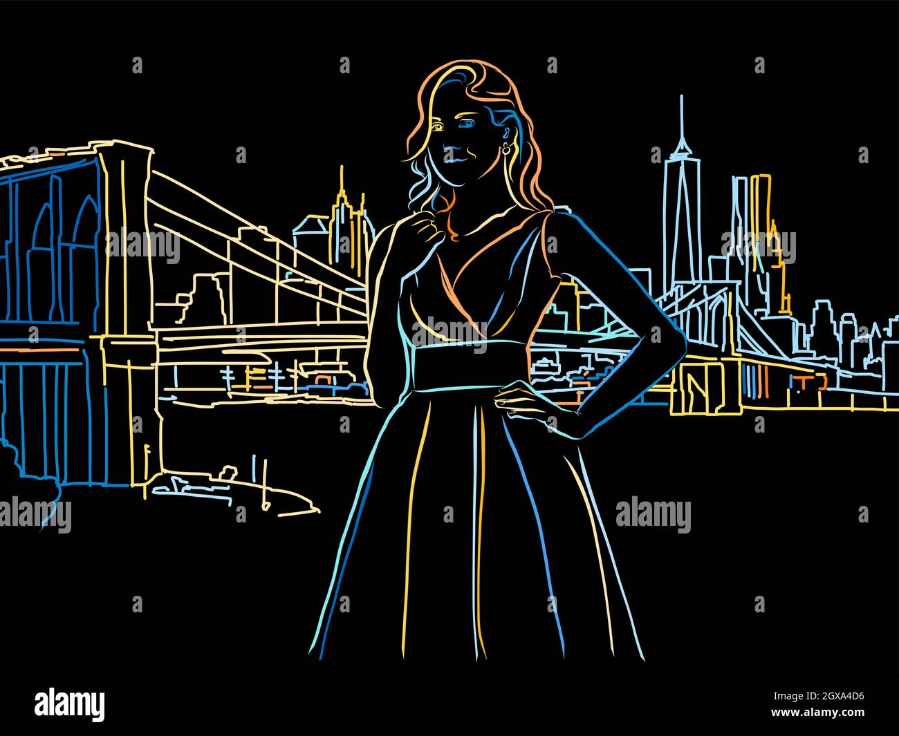 Fille colorée en face de New York Skyline dessin sur noir. Dessin vectoriel bien conçu pour une utilisation privée et commerciale. Illustration de Vecteur
