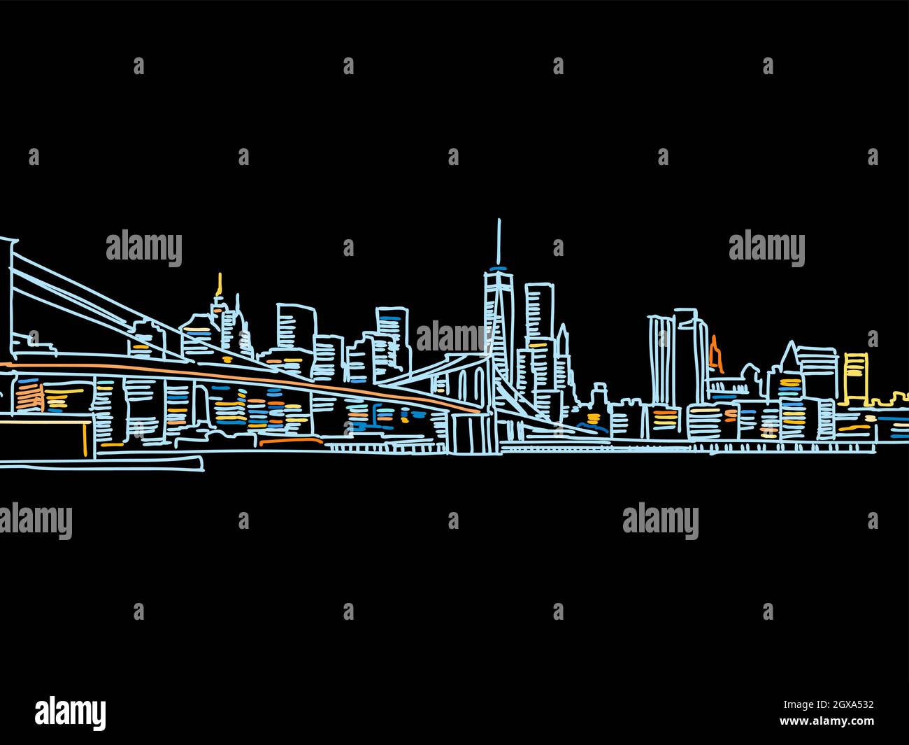 Pont de Brooklyn coloré dessin sur noir. Dessin vectoriel bien conçu pour une utilisation privée et commerciale. Illustration de Vecteur