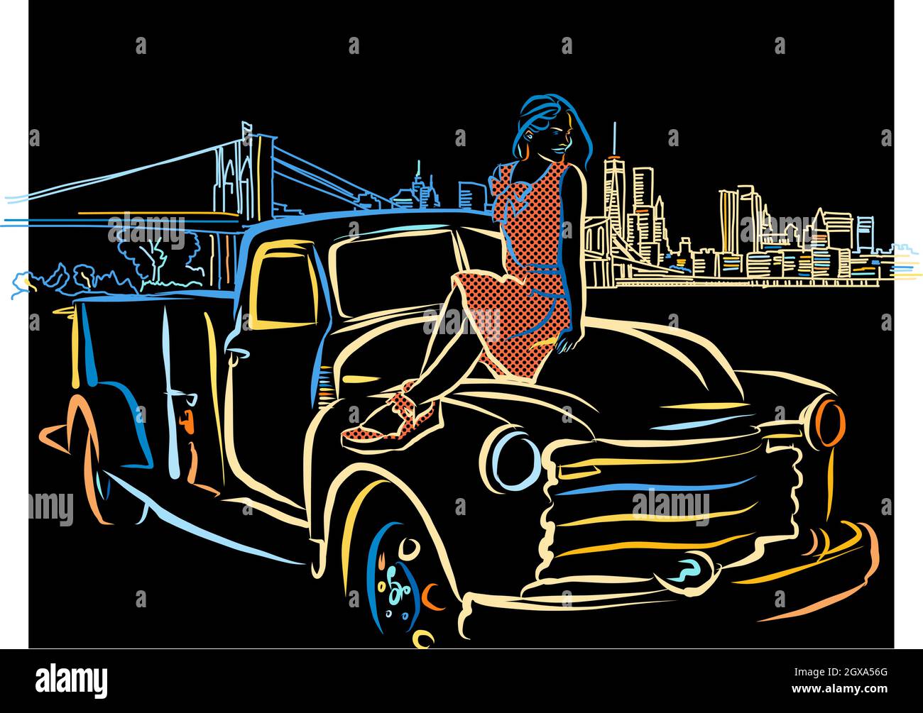Coloré Girl on car New York City dessin sur noir. Dessin vectoriel bien conçu pour une utilisation privée et commerciale. Illustration de Vecteur