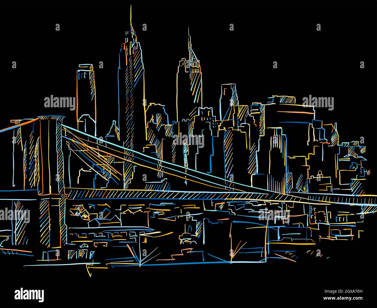Manhattan coloré et le pont de Brooklyn dessin sur noir. Dessin vectoriel bien conçu pour une utilisation privée et commerciale. Illustration de Vecteur