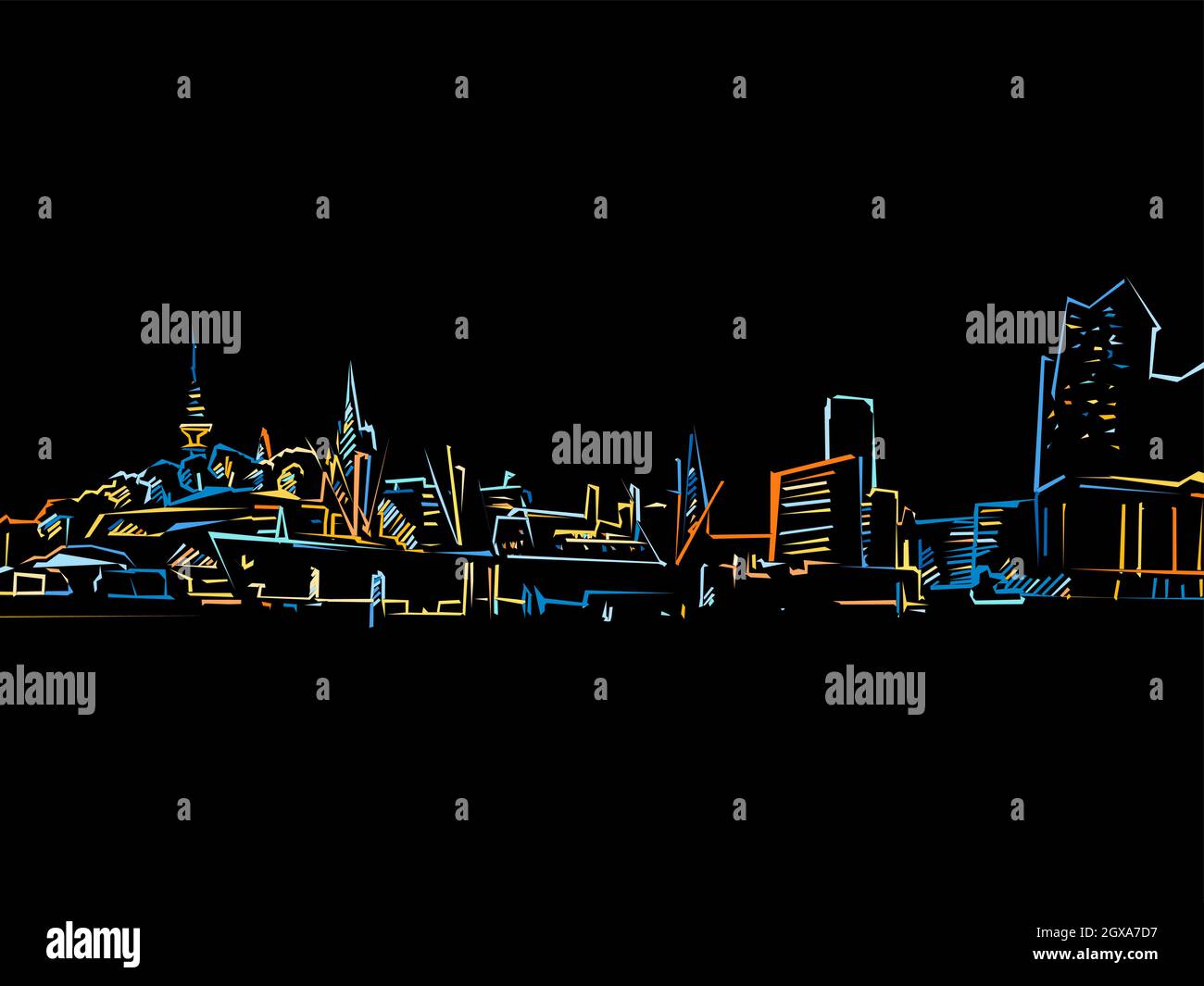 Skylinie Hamburg colorée dessin sur noir. Dessin vectoriel bien conçu pour une utilisation privée et commerciale. Illustration de Vecteur