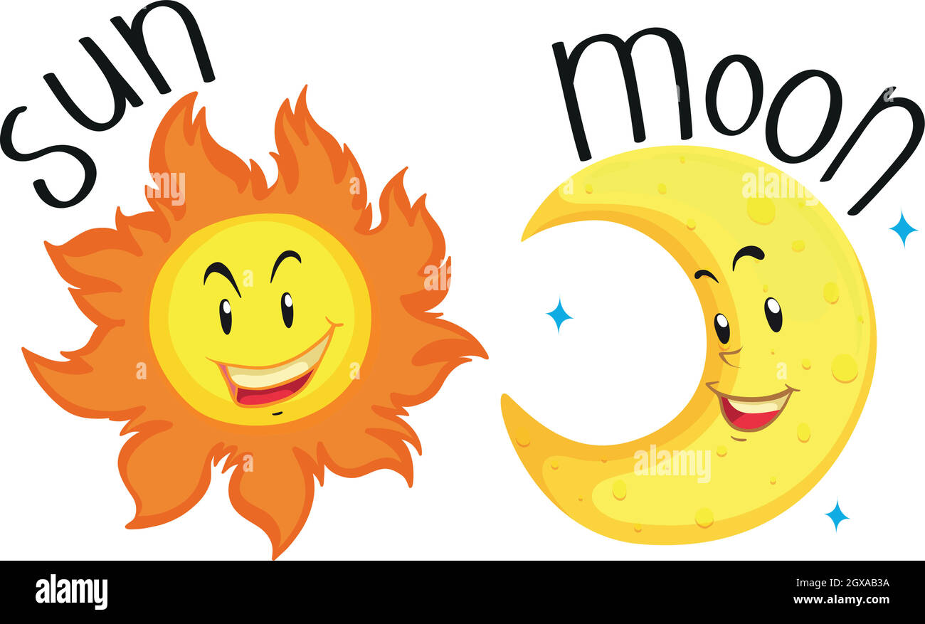 Soleil et lune au visage heureux Illustration de Vecteur