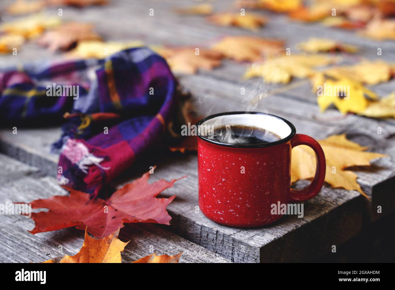 Café d'automne ou thé dans une tasse sur une table en bois sur fond de feuilles jaunes tombées et le temps d'octobre. Concept de boisson d'automne, d'humeur et de confort. Photo de haute qualité Banque D'Images