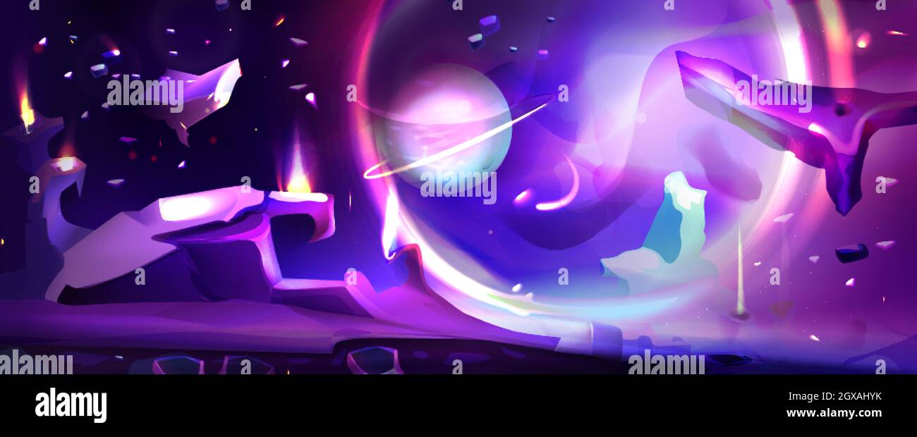 Dessin animé de jeu d'espace dans un style fantastique sur fond sombre. Planète terre avec cratères et fissures. Ciel galactique au néon avec lune brillante et surface de terre avec rochers. Paysage de nuit extraterrestre. Illustration de Vecteur