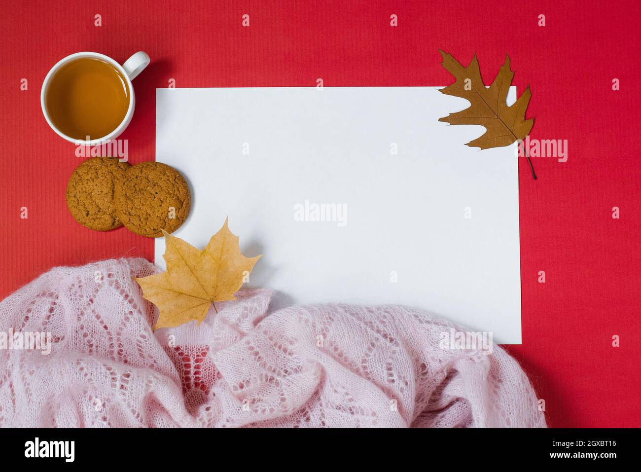 Composition d'automne Fly lady avec une tasse de thé et des feuilles jaunes d'automne. Le concept du temps de pause du thé. Une boisson chaude et une feuille de papier propre se trouvent sur un Banque D'Images