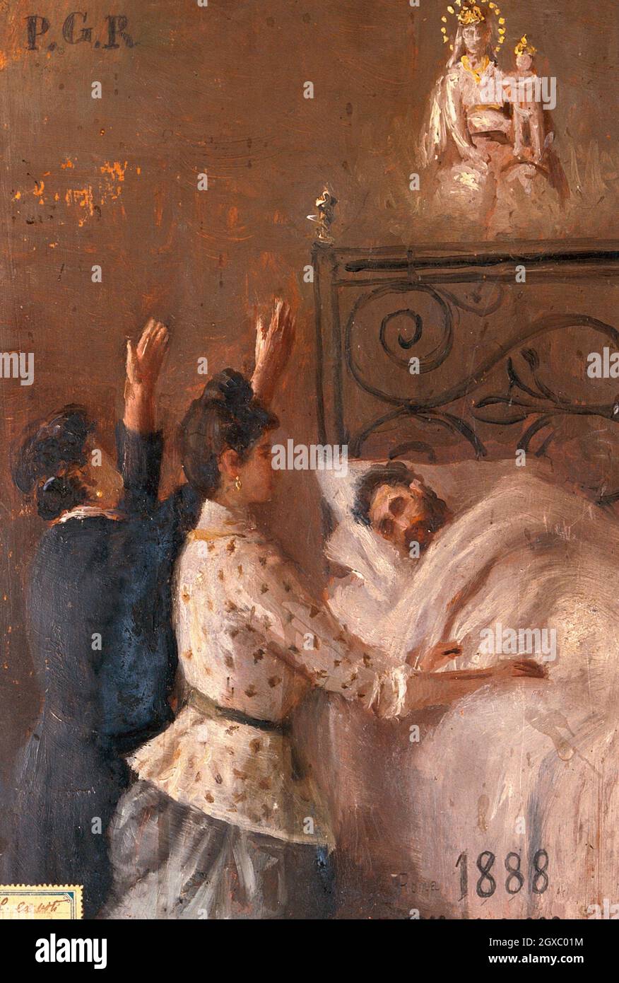 Deux femmes fréquentant un homme au lit et faisant appel à la Vierge et à l'enfant  de Sansovino.Peinture à l'huile par un peintre italien, 1888.S Photo Stock  - Alamy