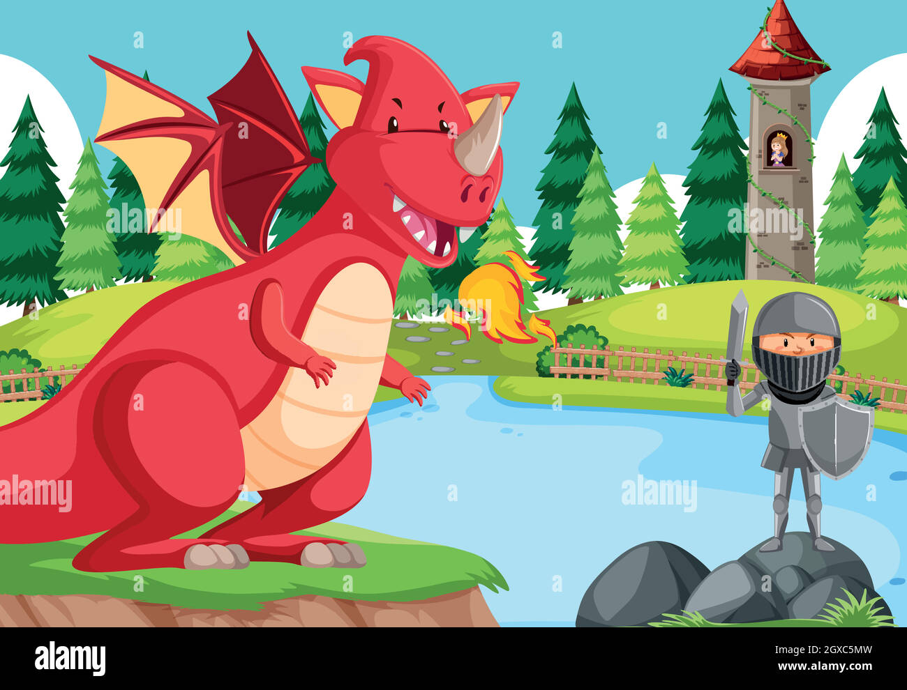 Un combat de chevalier avec le dragon Illustration de Vecteur