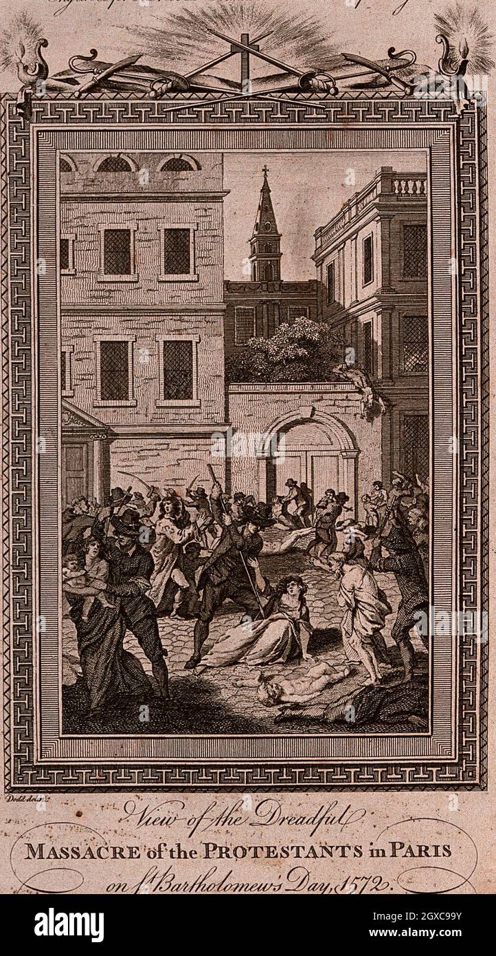 Le massacre de la Saint-Bartholomée : des hommes, des femmes et des enfants sont jetés par les fenêtres ou abattus avec des épées et des pikes dans les rues de Paris Banque D'Images