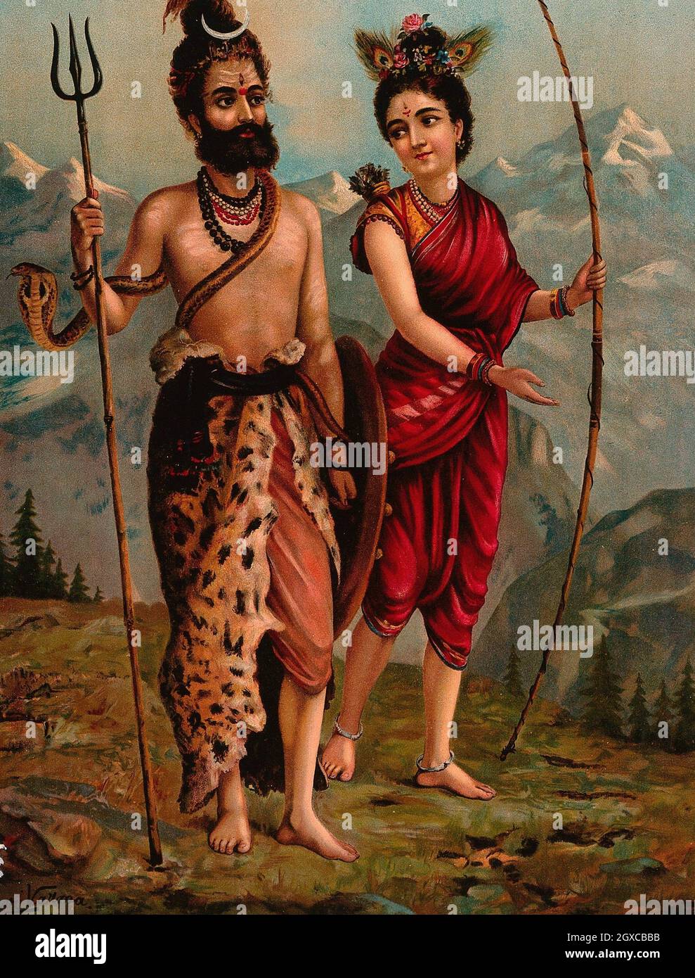 Shiva comme un Kirat (Bhil huntsman tribal) avec un huntswoman.Chromolithographe par R. Varma.- Description Bhil était le nom donné à un groupe de Banque D'Images
