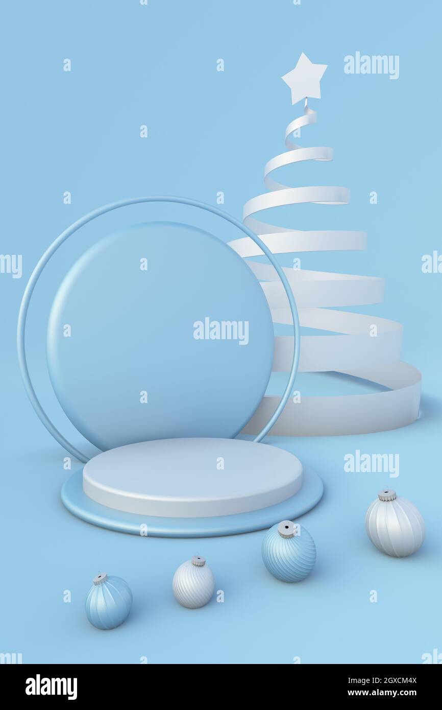 Marches piédestal bleu pastel 3D avec arbre de Noël et balles pour la promotion de la marque. Fond de fête créatif minimal pour les présentations publicitaires Banque D'Images