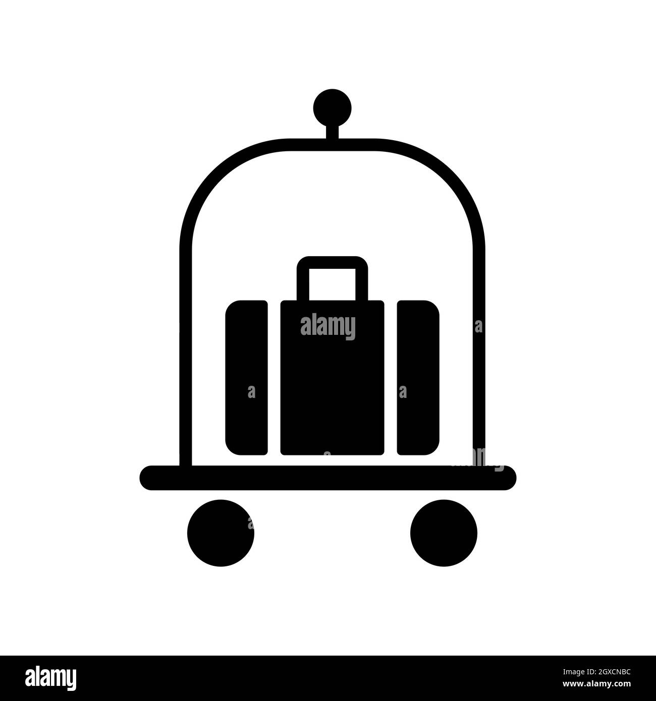 Bagages, bagages, valises sur chariot plat vecteur glyphe icône. Panneau de l'hôtel. Symbole graphique pour la conception, le logo, l'application, l'interface utilisateur du site Web et des applications de voyage et de tourisme Banque D'Images