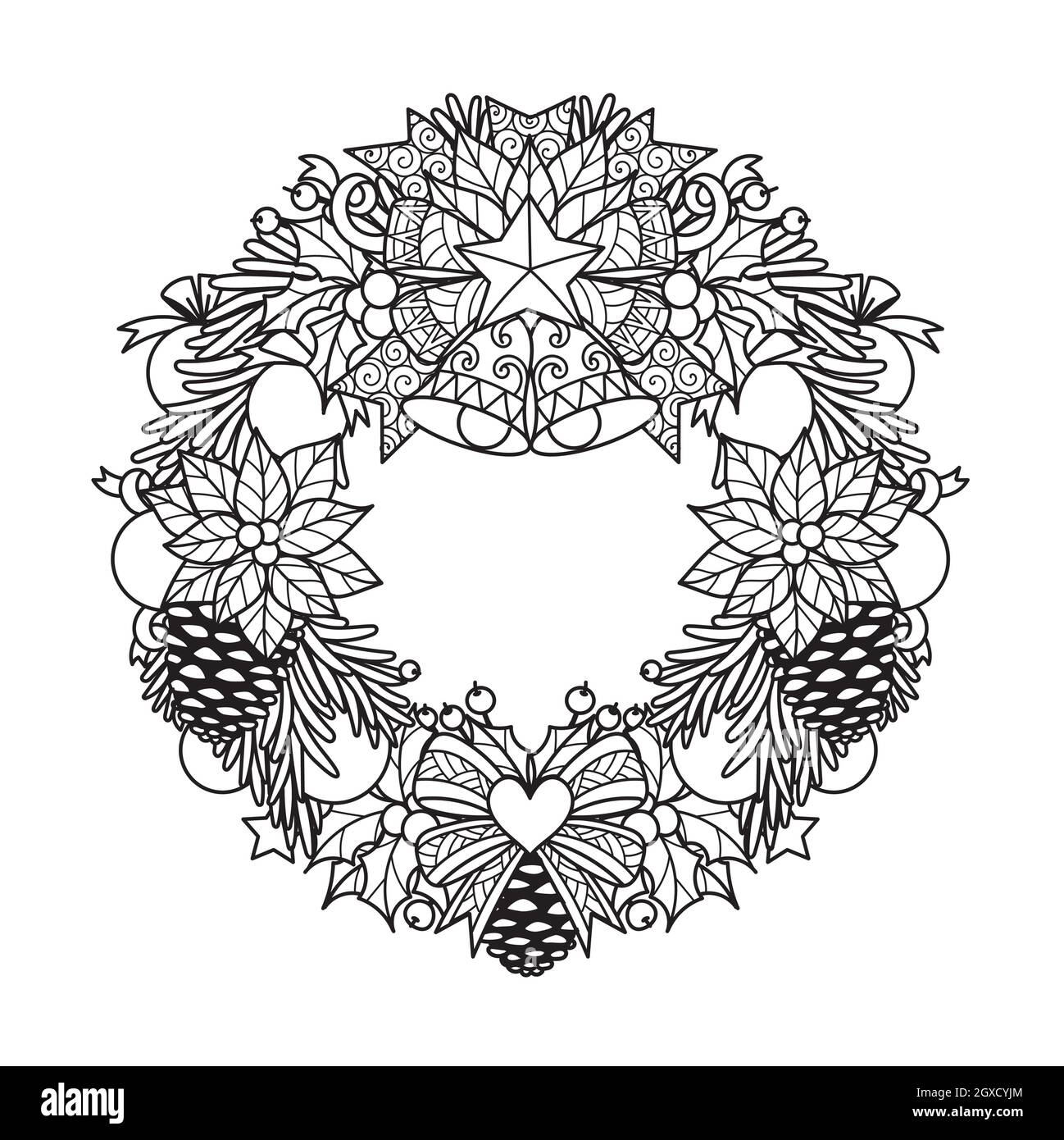 Couronne de Noël pour livre de coloriage pour adultes, impression sur produit, découpe au laser, découpe du papier, etc. Illustration vectorielle. Illustration de Vecteur