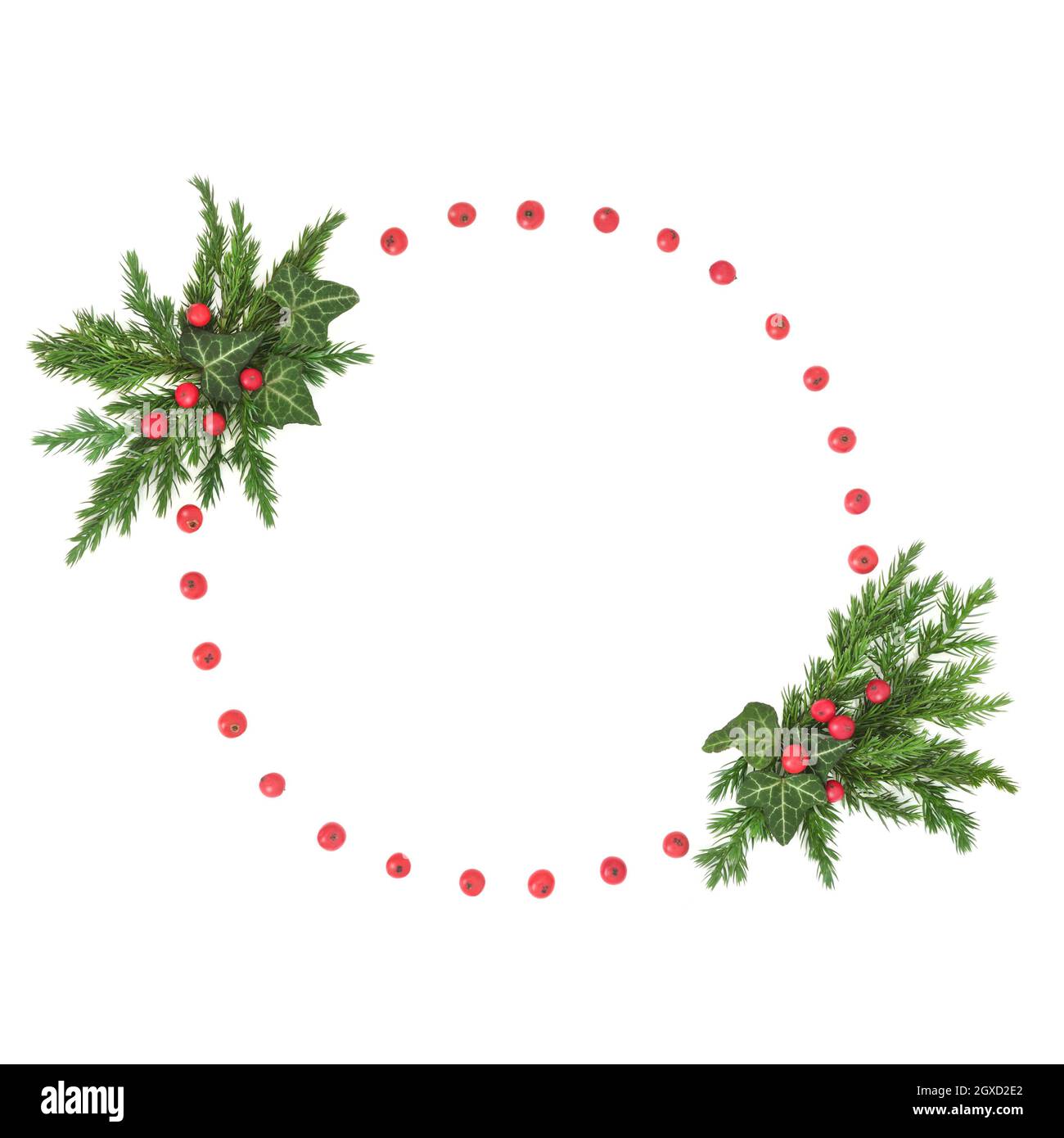 Solstice naturel abstrait, couronne de Noël du nouvel an, symbole écologique du concept de la nature avec branches de feuilles de sapin de genévrier, lierre et houx avec baies rouges Banque D'Images Solstice naturel abstrait, couronne de Noël du nouvel an, symbole écologique du concept de la nature avec branches de feuilles de sapin de genévrier, lierre et houx avec baies rouges Banque D'Images
