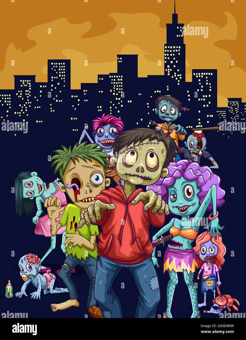Zombies marchant dans la ville Illustration de Vecteur