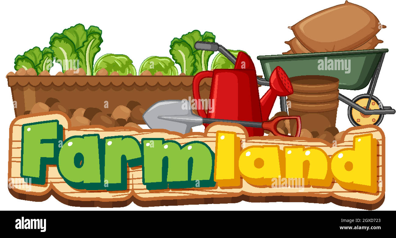 Logo ou bannière de terres agricoles avec outils de jardinage isolés sur fond blanc Illustration de Vecteur