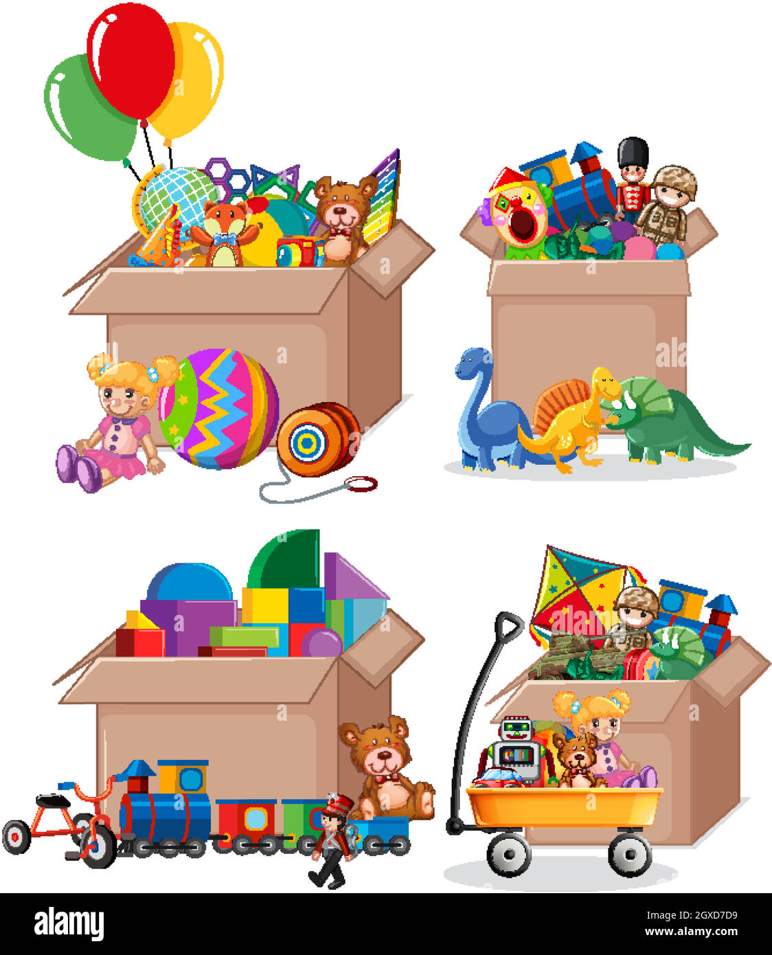 Ensemble de boîtes pleines de jouets sur fond blanc Illustration de Vecteur