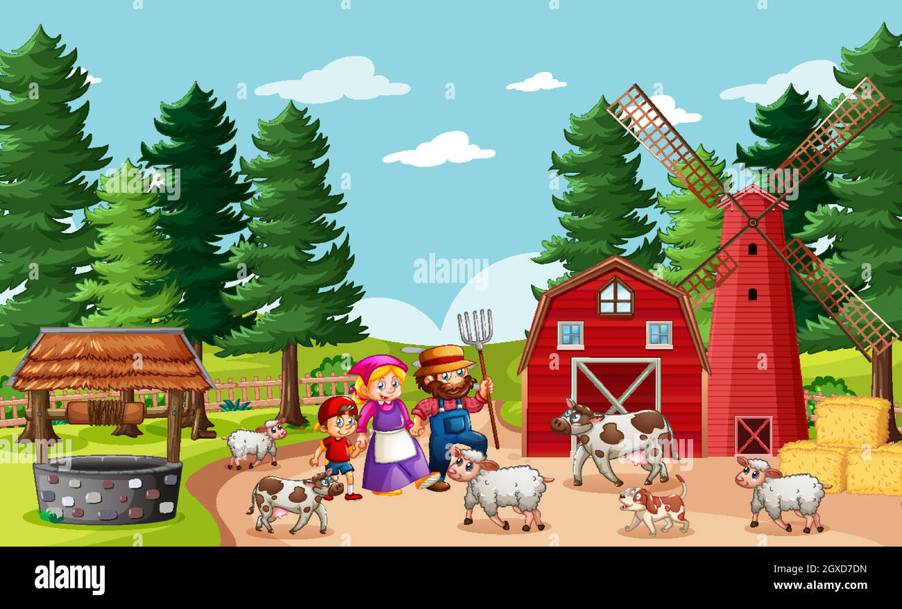 Famille heureuse dans la scène de ferme dans le style de dessin animé Illustration de Vecteur
