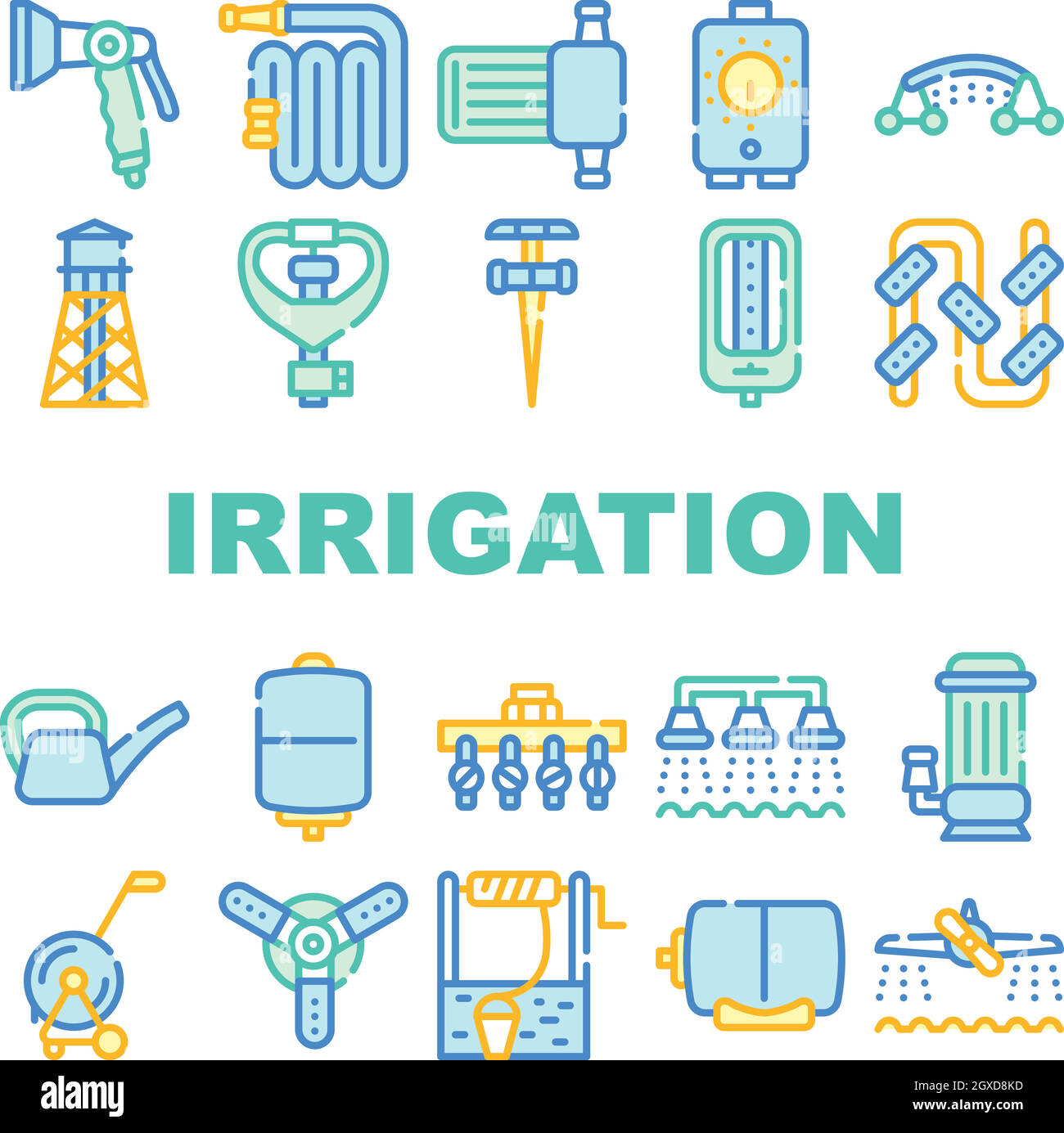 Illustration isolée du jeu d'icônes de collecte du système d'irrigation Illustration de Vecteur