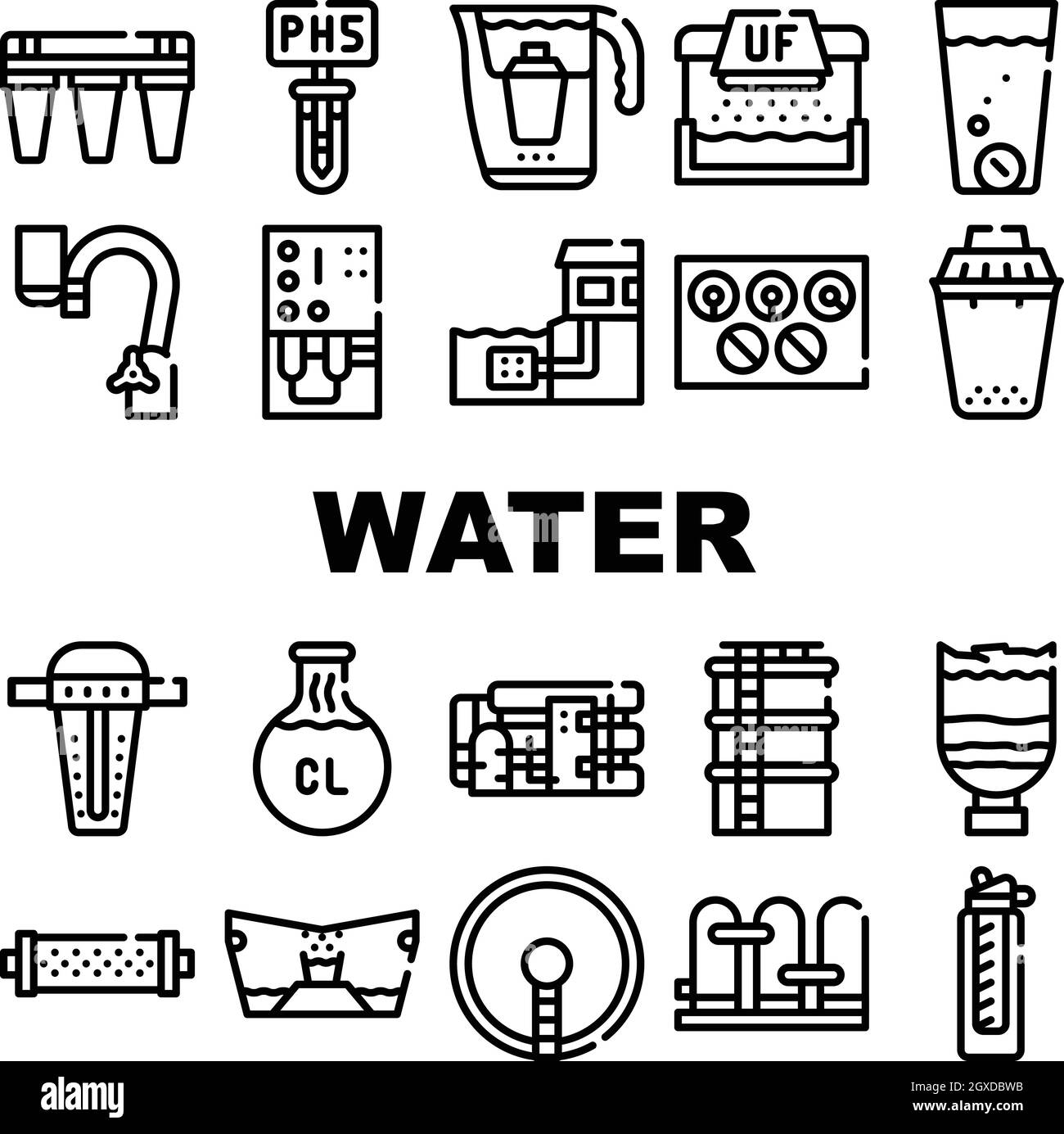 Les icônes de collecte des filtres de traitement de l'eau définissent le vecteur Illustration de Vecteur