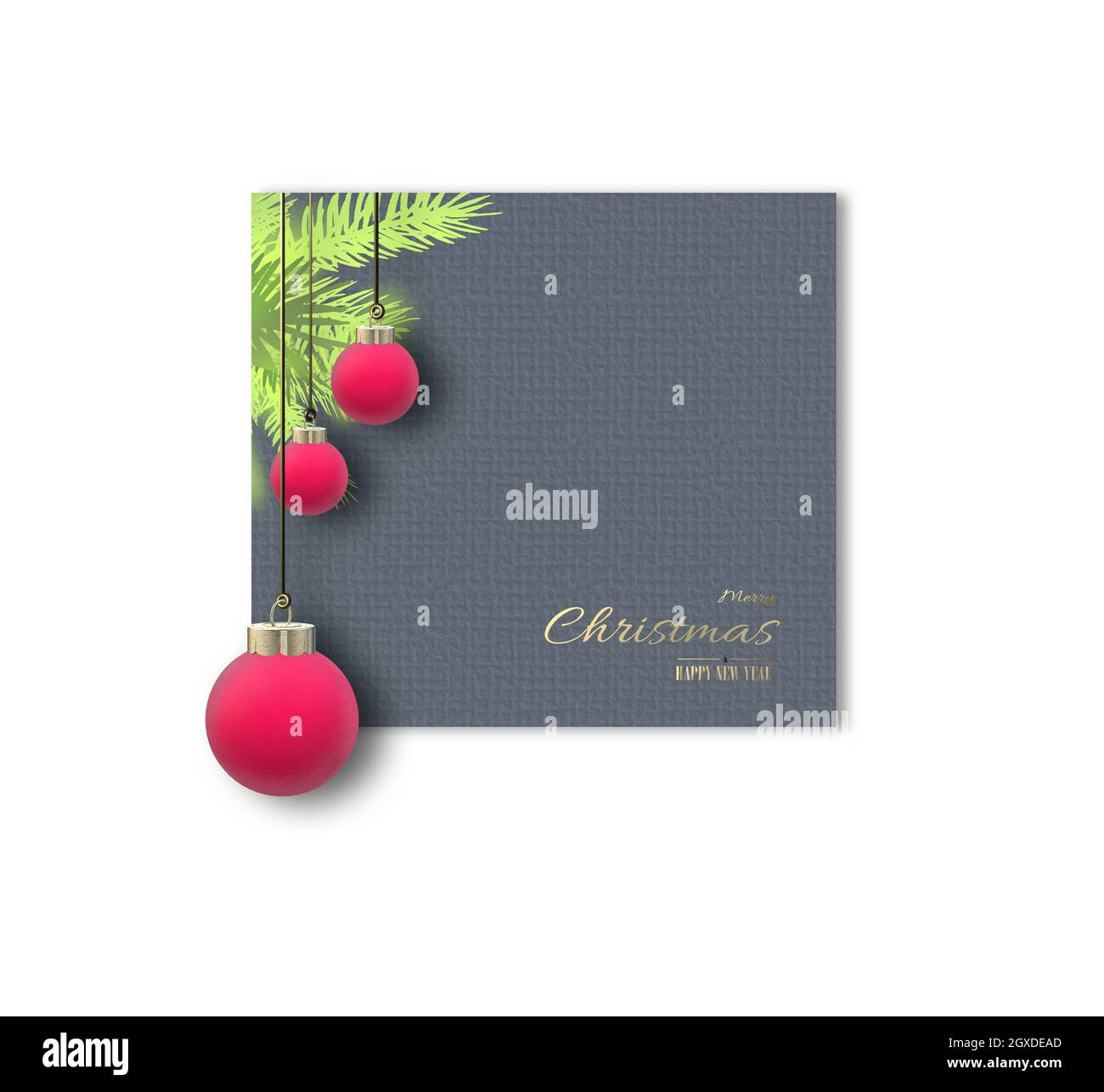 Carte de Noël moderne avec branches en sapin de Noël, boule 3d réaliste sur fond blanc pastel 