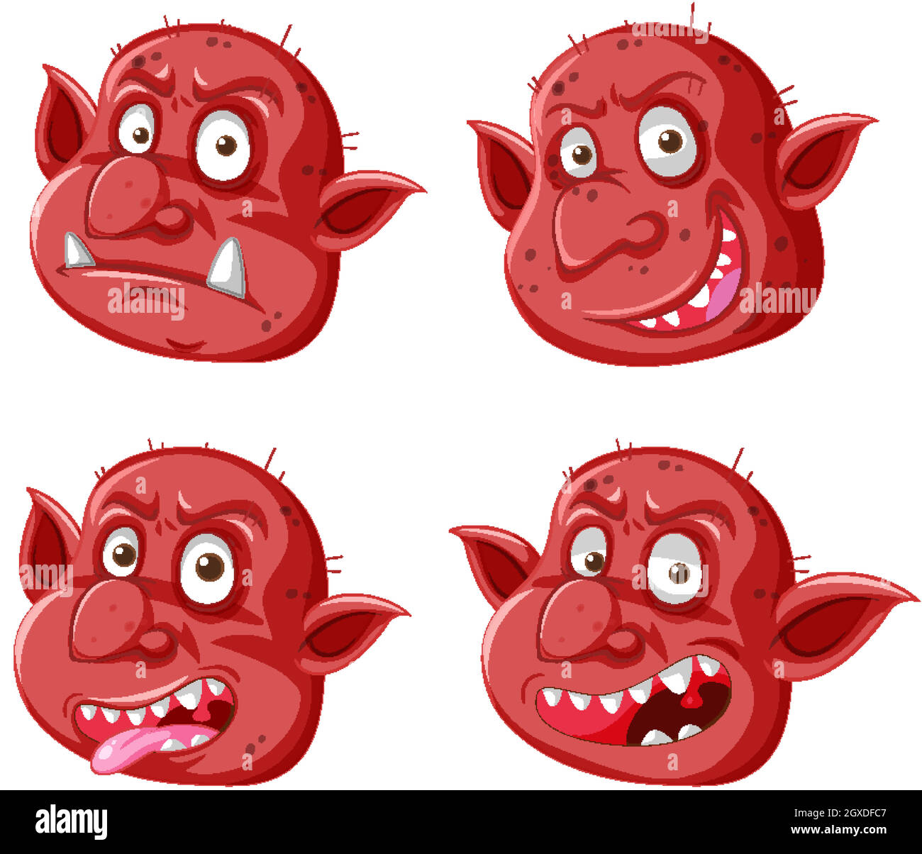 Ensemble de goblin rouge ou de troll face dans différentes expressions dans le style de dessin animé isolé Illustration de Vecteur