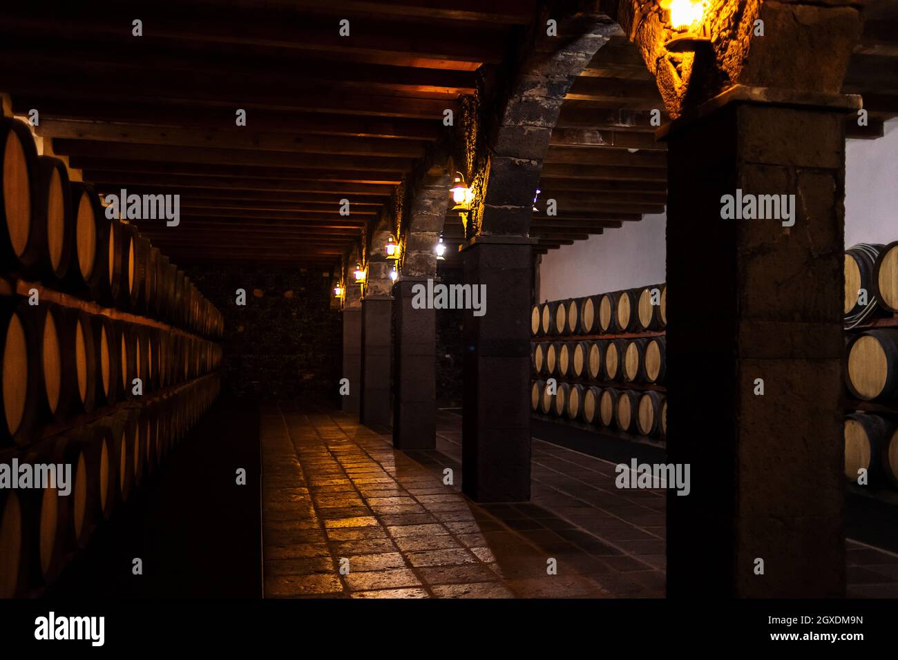 Cave à vin ancienne avec sol carrelé en passage avec lanternes sur colonnes entre rangées de fûts sur étagères Banque D'Images