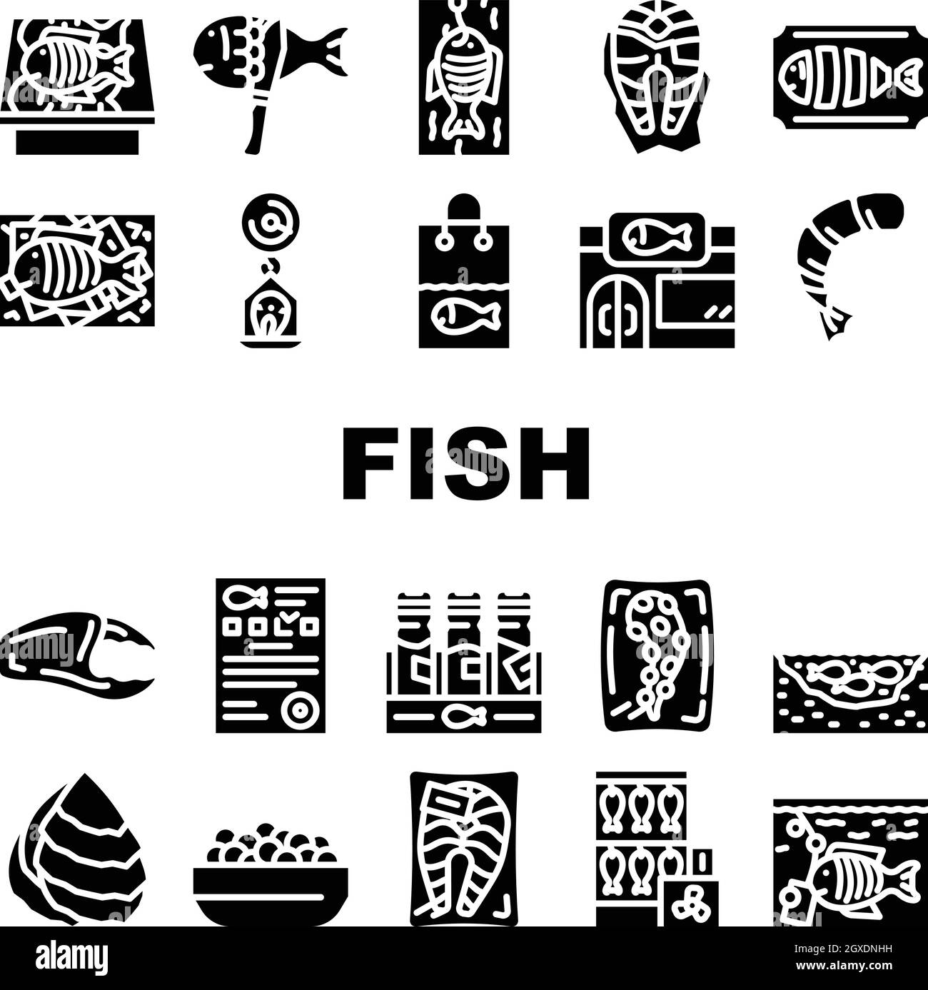 Fish Market Product Collection Icons Set Vector Illustration de Vecteur