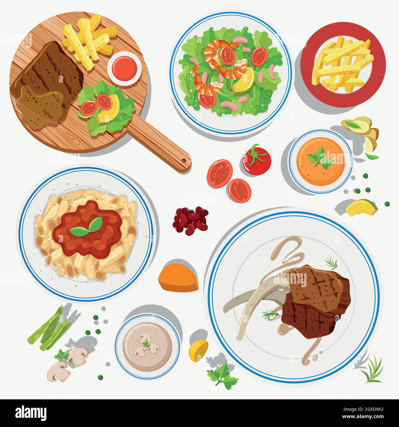 Différents types d'aliments sur les assiettes Illustration de Vecteur