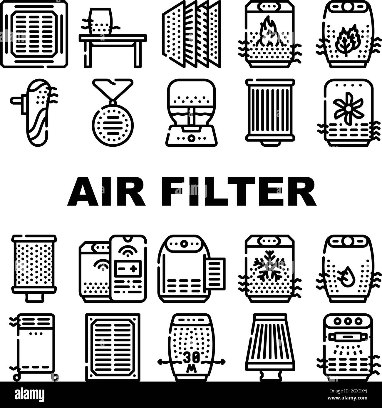 Les icônes de collecte d'accessoires de filtre à air définissent le vecteur Illustration de Vecteur