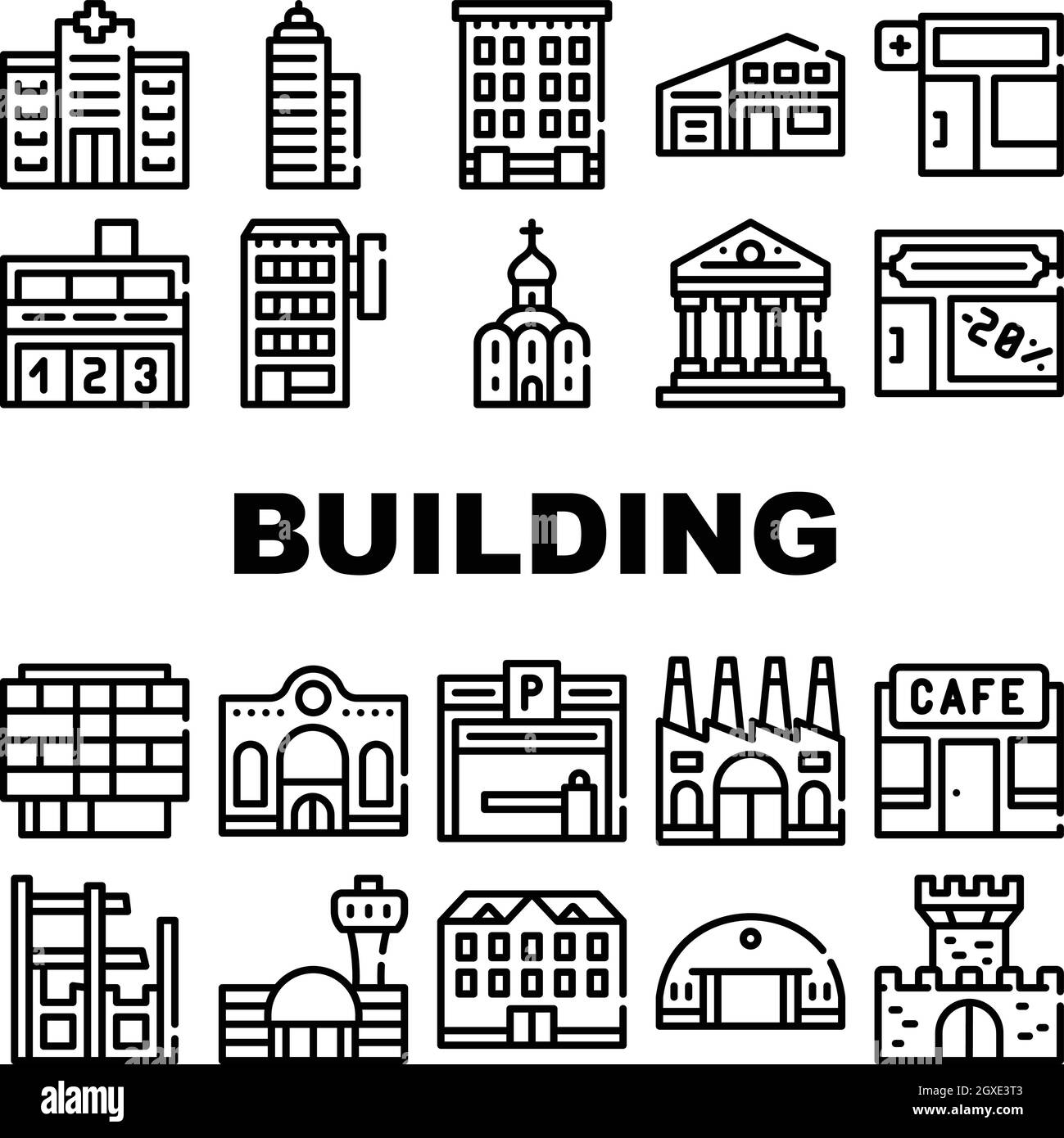 Les icônes de la collection d'architecture de bâtiment définissent les illustrations vectorielles Illustration de Vecteur