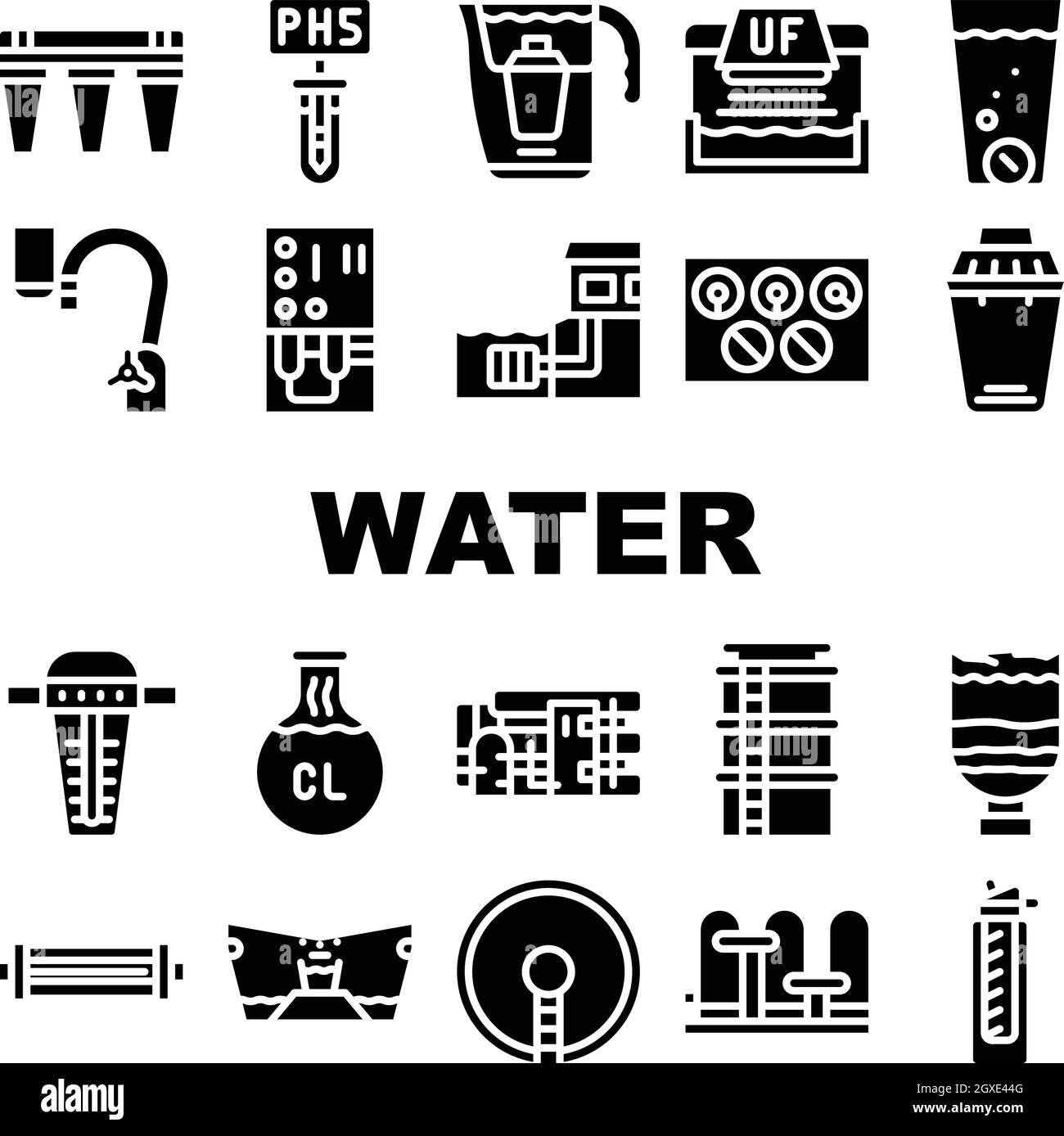 Les icônes de collecte des filtres de traitement de l'eau définissent le vecteur Illustration de Vecteur