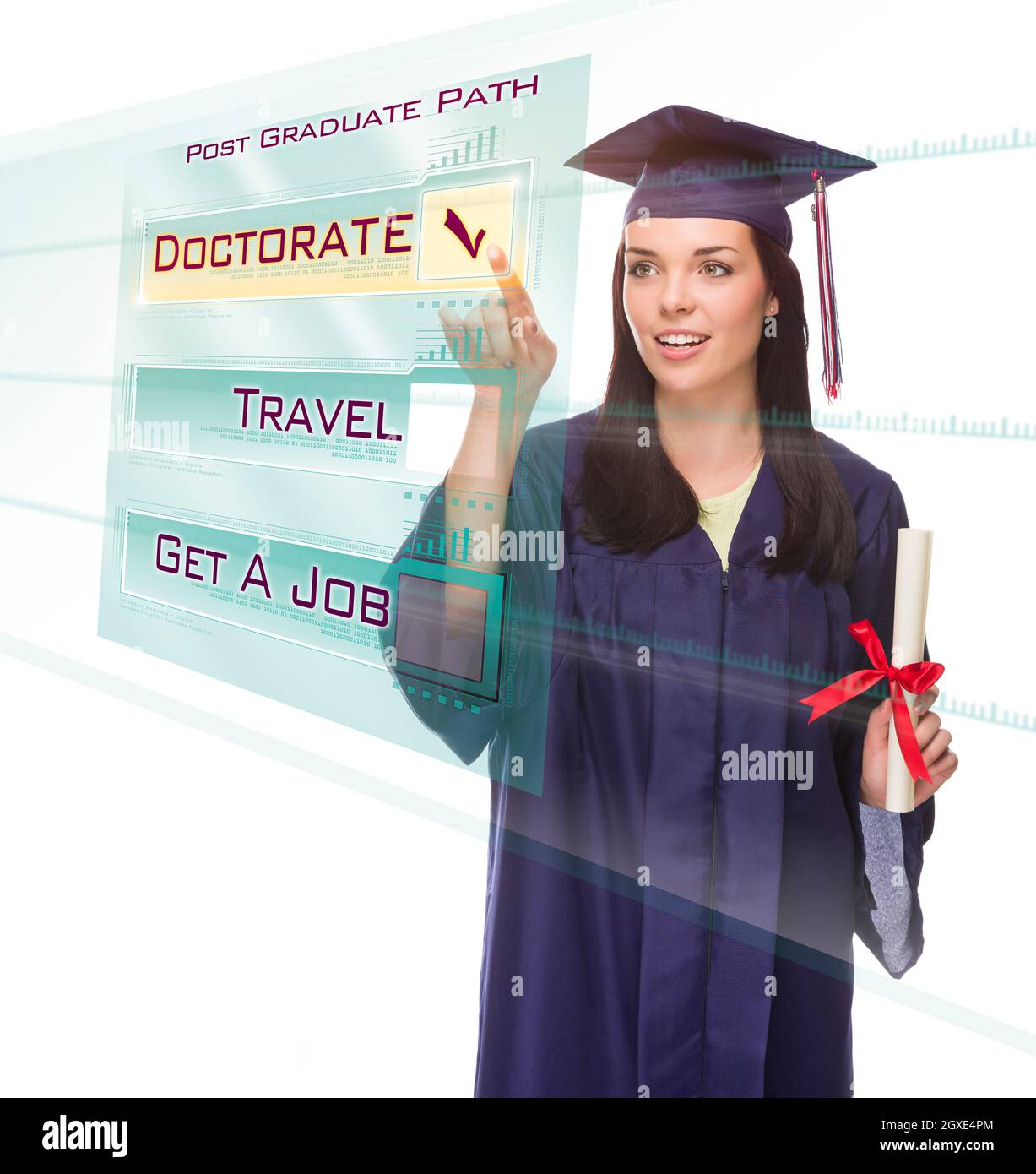 Attrayant jeune course mixte Femme diplômé en Cap et Gown choix du Docteur Post Graduate Path bouton sur le panneau futuriste translucide. Banque D'Images