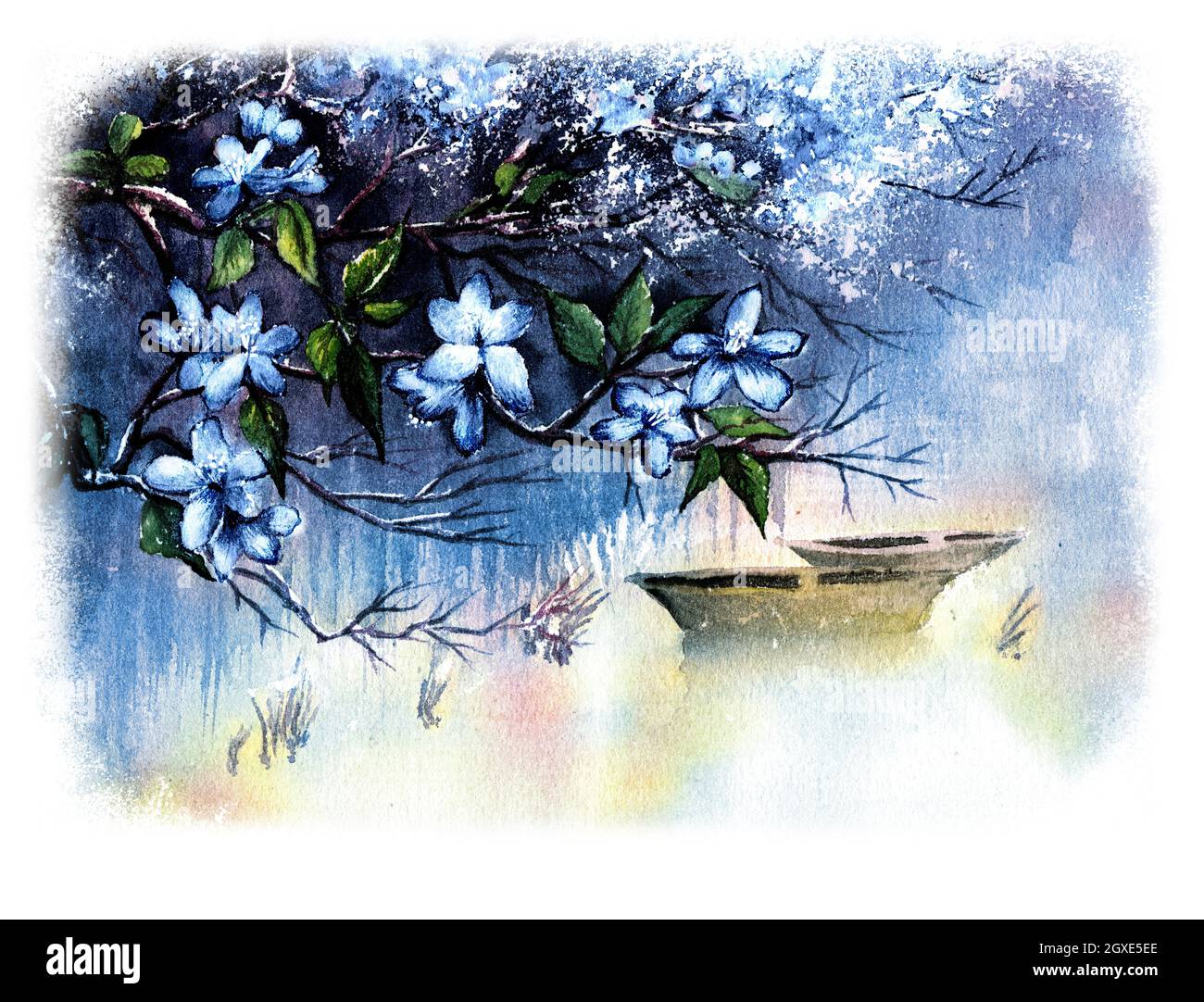 Cerise blanche en fleur au-dessus de l'eau. Paysage aquarelle avec un bateau. Banque D'Images