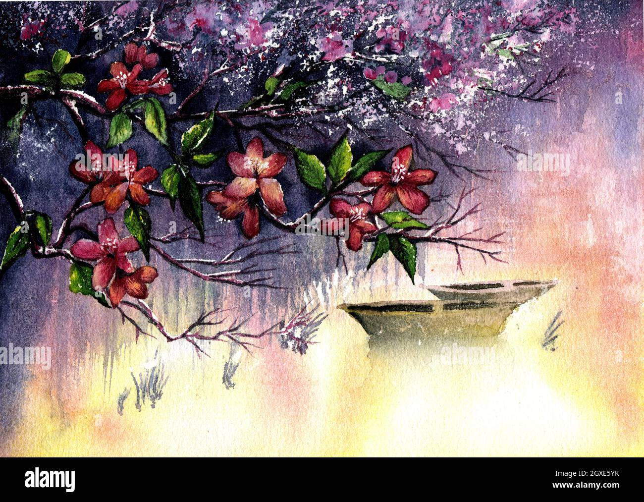Paysage d'aquarelle avec cerisiers en fleurs japonais. Dessin à main levée. Banque D'Images