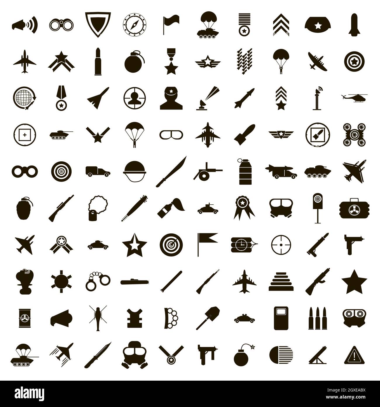 100 icônes militaires sur fond blanc Banque D'Images
