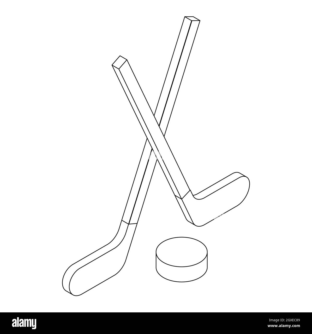Deux bâtons de hockey croisés et une icône de palet en 3D isométrique isolés sur fond blanc Banque D'Images