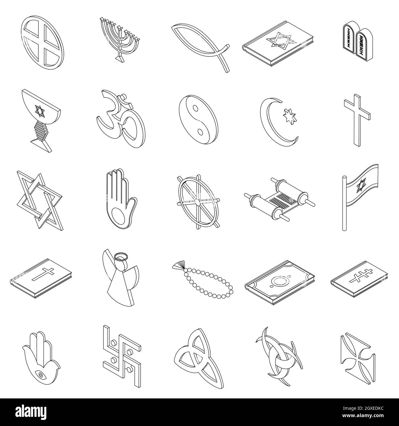 Symboles religieux icônes définies dans le style 3D isométrique sur fond blanc Banque D'Images