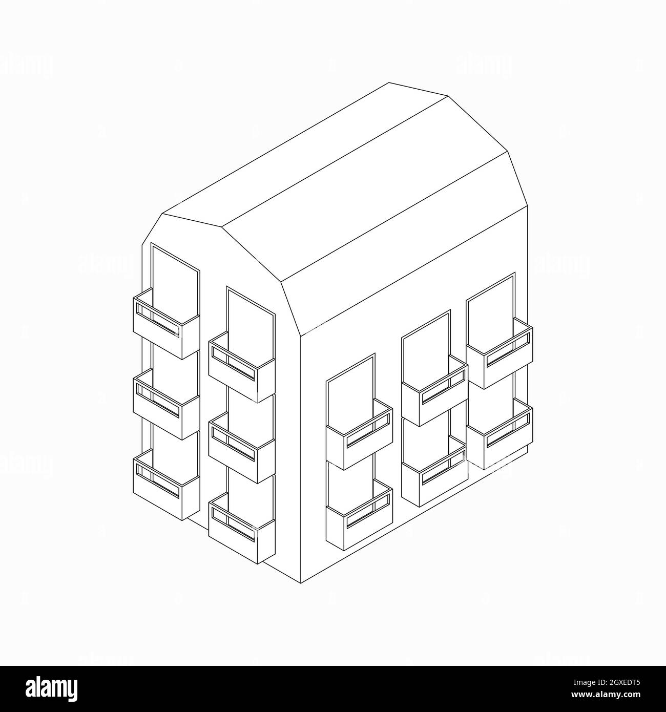 Bâtiment de faible hauteur avec balcons, icône de style 3D isométrique isolée sur fond blanc Banque D'Images